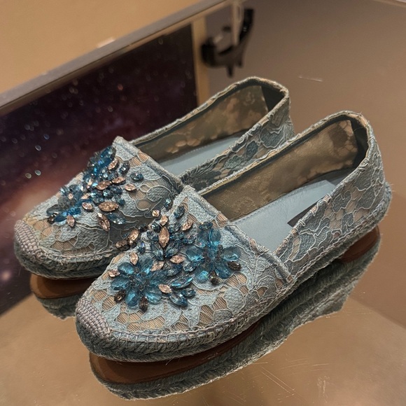 Dolce & Gabbana Blue Lace Embellished Espadrilles Dolce & Gabbana Blue Lace Embellished Espadrilles